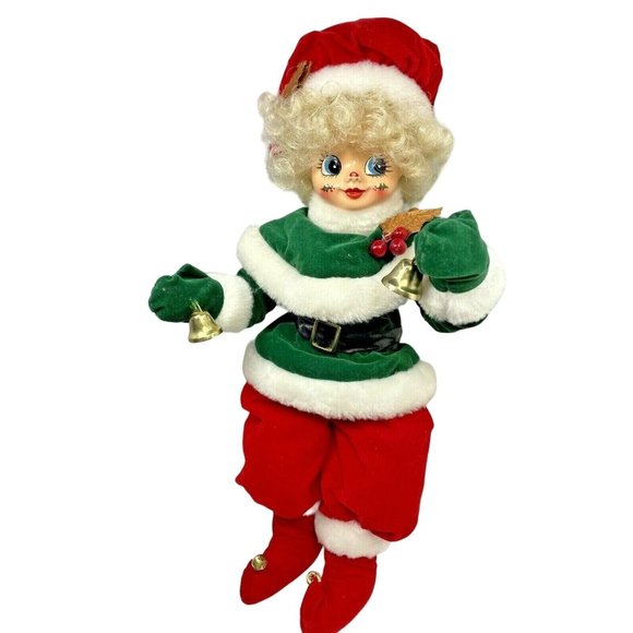 Brinns Calendar Girl Doll Vintage Christmas 14” Flocked Elf Suit W Bells - Picture 1 of 10